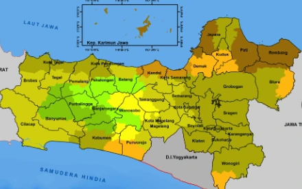Peta Prakiraan Awal Musim Kemarau Jawa Tengah 2026 BMKG menampilkan zona spasial warna (oranye, cokelat, kuning, hijau) di kabupaten/kota seperti Brebes, Semarang, Solo, Banyumas, Pati, Cilacap, dan Kepulauan Karimun Jawa.
