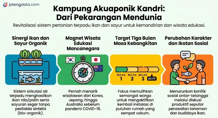 Infografis Jatengdata.com berjudul Kampung Akuaponik Kandri: Dari Pekarangan Mendunia. Menampilkan empat pilar revitalisasi desa wisata Semarang, yaitu: sinergi bio-organik ikan dan sayur, rekam jejak kunjungan turis mancanegara, target pemulihan tiga bulan, serta dampak positif sistem akuaponik dalam mempererat ikatan sosial antar-tetangga.