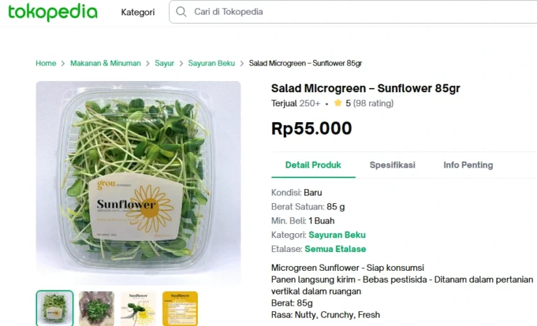 Tangkapan layar harga jual Salad Microgreen Sunflower kemasan 85 gram di e-commerce Tokopedia yang mencapai 55 ribu rupiah sebagai bukti tingginya nilai ekonomi bisnis microgreens.