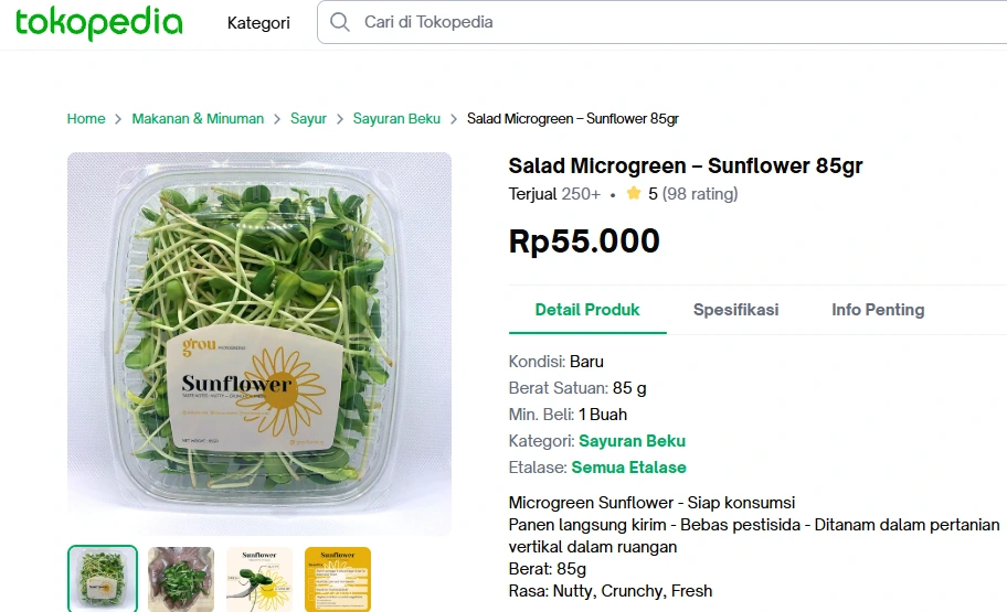 Tangkapan layar harga jual Salad Microgreen Sunflower kemasan 85 gram di e-commerce Tokopedia yang mencapai 55 ribu rupiah sebagai bukti tingginya nilai ekonomi bisnis microgreens.