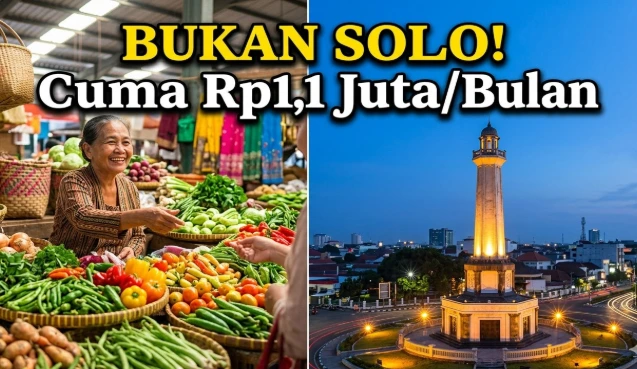 Kolase pedagang sayur di pasar tradisional dan monumen Tugu Muda sebagai ilustrasi daerah dengan biaya hidup termurah di Jawa Tengah.