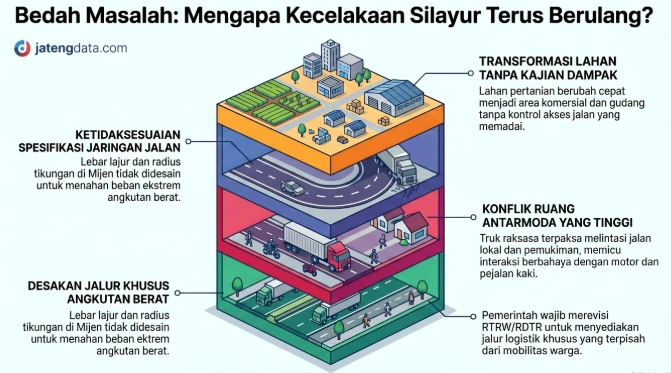 Infografis isometrik dari Jateng Data yang membedah akar masalah kecelakaan Silayur, menyoroti dampak transformasi lahan, spesifikasi jalan yang tak sesuai, konflik ruang lalu lintas, dan desakan jalur khusus truk pada tata ruang Semarang.