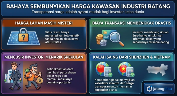 Infografis JatengData yang mengilustrasikan empat bahaya menyembunyikan harga sewa lahan di Kawasan Industri Batang bagi investor kelas dunia, termasuk risiko kalah saing dari Shenzhen dan Vietnam.