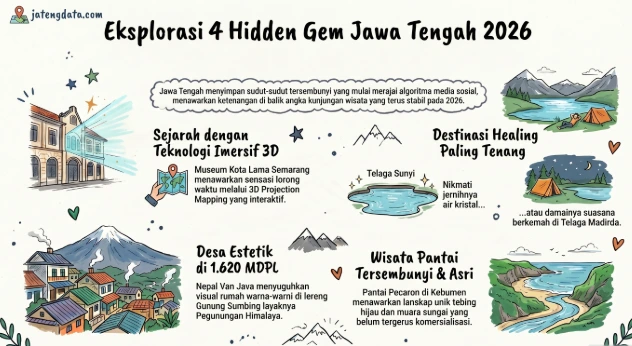 Infografis bergaya ilustrasi dari jatengdata.com yang merangkum empat rekomendasi hidden gem wisata Jawa Tengah 2026. Menampilkan gambar Museum Kota Lama Semarang, Telaga Sunyi, Telaga Madirda, desa Nepal Van Java, dan Pantai Pecaron beserta ringkasan keunggulannya.