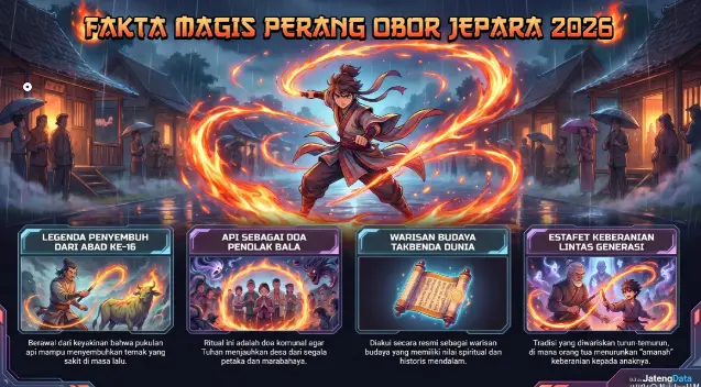 Infografis 4 fakta magis tradisi Perang Obor Jepara 2026, mulai dari legenda penyembuh abad ke-16 hingga doa komunal penolak bala.