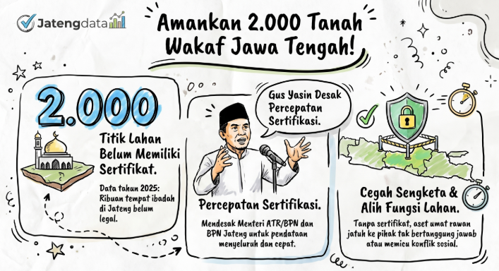 Infografis berjudul Amankan 2.000 Tanah Wakaf Jawa Tengah. Menampilkan tiga poin utama: 2.000 lahan ibadah belum bersertifikat pada 2025, ilustrasi Gus Yasin mendesak Menteri ATR/BPN mempercepat sertifikasi, dan ilustrasi perisai di atas peta Jateng untuk mencegah sengketa lahan aset umat.