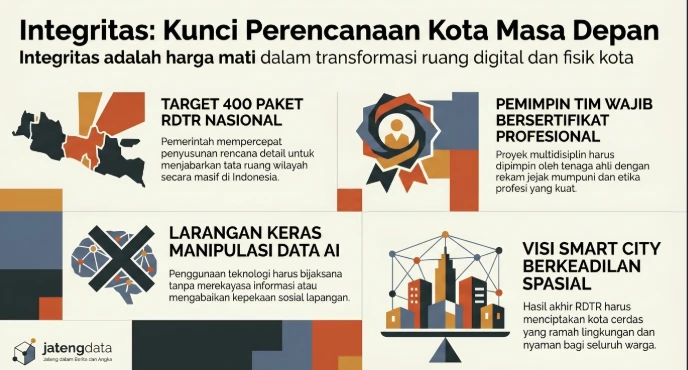 Infografis Jatengdata berjudul Integritas Kunci Perencanaan Kota Masa Depan, merangkum 4 poin utama tata ruang: target 400 paket RDTR nasional, syarat pemimpin tim bersertifikat profesional, larangan manipulasi data AI, dan pencapaian visi smart city yang berkeadilan spasial.
