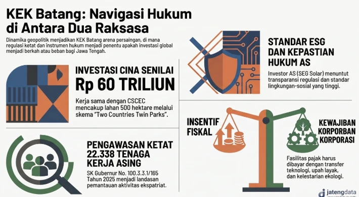 Infografis berjudul KEK Batang: Navigasi Hukum di Antara Dua Raksasa. Visual memaparkan empat poin utama: investasi Cina Rp60 triliun, standar hukum dan ESG investor AS, pengawasan 22.338 tenaga kerja asing, serta keseimbangan insentif fiskal dan kewajiban korporasi di Jawa Tengah.