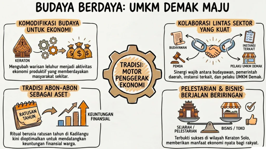 Infografis berjudul Budaya Berdaya UMKM Demak Maju yang menjelaskan strategi komodifikasi budaya oleh Keraton Solo, di mana tradisi Abon-abon dijadikan motor penggerak ekonomi wisata budaya Demak melalui kolaborasi lintas sektor.