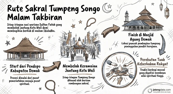 Infografis rute sakral iring-iringan Tumpeng Songo pada malam takbiran Grebeg Besar Demak 2026, yang dimulai dari Pendopo Kabupaten Demak hingga berakhir di Masjid Agung Demak.