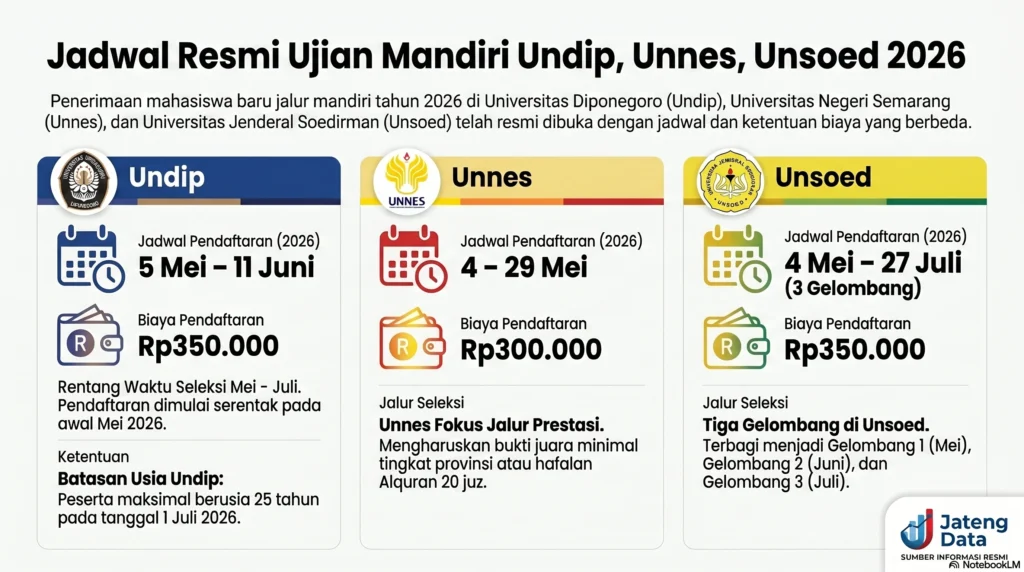 Infografis komparasi jadwal pendaftaran, rincian biaya, dan syarat khusus Ujian Mandiri PTN Jateng 2026 untuk kampus Undip, Unnes, dan Unsoed.