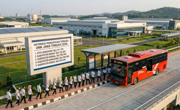 Foto lanskap kawasan industri modern di Jawa Tengah. Terlihat deretan pekerja berseragam kemeja putih dan celana gelap sedang berjalan tertib mengantre naik bus merah Trans Semarang. Di sisi kiri pekerja, berdiri sebuah papan informasi raksasa bertuliskan rincian 5 daerah dengan UMK Jawa Tengah 2026 tertinggi. Latar belakang menampilkan gedung pabrik modern bernuansa hijau dengan atap panel surya.