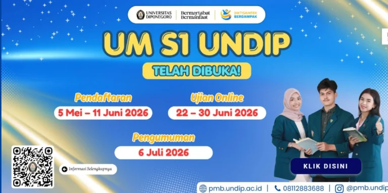 Poster infografis pembukaan Ujian Mandiri S1 Undip yang memuat jadwal pendaftaran, tanggal ujian daring, dan panduan untuk Ujian Mandiri PTN Jateng 2026.