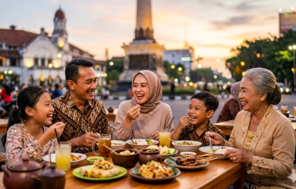 Keluarga pelancong menikmati sajian kuliner ramah muslim dengan latar belakang Tugu Muda Semarang, merepresentasikan kesiapan infrastruktur Wisata Halal Jateng.