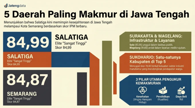 Infografis Jatengdata berjudul 5 Daerah Paling Makmur di Jawa Tengah yang menunjukkan skor IPM terbaru. Gambar memuat data poin Salatiga (84,99), Semarang (84,87), Surakarta (83,95), Magelang (81,60), dan Sukoharjo (78,90), serta menjelaskan 3 pilar utama pengukur kemakmuran yaitu Kesehatan, Pendidikan, dan Daya Beli Riil.