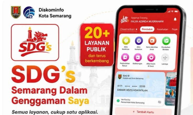 Tampilan antarmuka aplikasi SDG's Semarang Dalam Genggaman Saya di layar HP pintar yang menampilkan 20 lebih layanan publik terpadu, termasuk akses menu pantau CCTV Semarang live dan informasi cek macet.