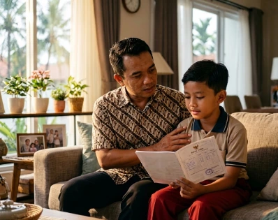 Seorang ayah berkemeja batik dan anak laki-laki berseragam sekolah sedang fokus membaca rapor siswa bersama di sofa ruang tamu