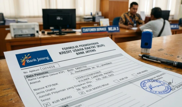 Berkas formulir permohonan KUR Bank Jateng beserta pena di atas meja administrasi bank untuk pengajuan modal usaha UMKM