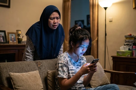 Seorang ibu Muslim berjilbab biru menatap tegang ke arah luar bingkai, sementara putrinya asyik melihat layar smartphone di ruang tamu remang-remang di rumah Indonesia pada malam hari.
