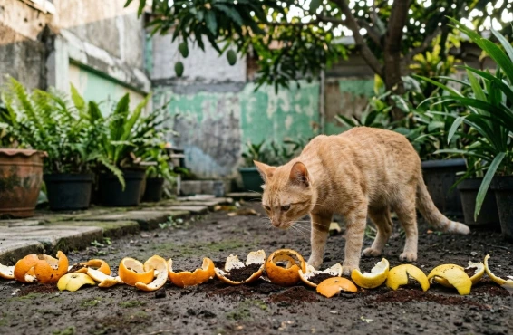 Seekor kucing oranye mengendus barikade kulit jeruk dan ampas kopi di tanah, mengilustrasikan cara mengusir kucing liar teraman menggunakan bahan alami.