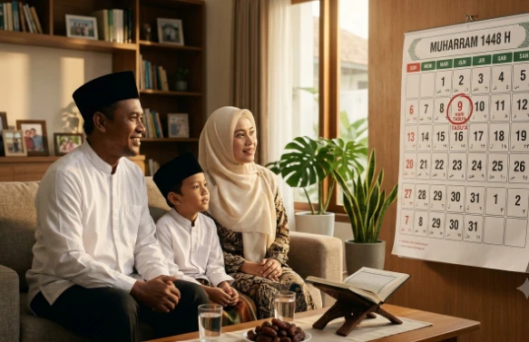 Keluarga Muslim terdiri dari ayah berpeci, ibu berjilbab, dan anak laki-laki sedang duduk di sofa ruang tamu tersenyum melihat kalender Hijriah yang menonjolkan tanggal 9 Muharram sebagai pengingat jadwal puasa Tasu'a.