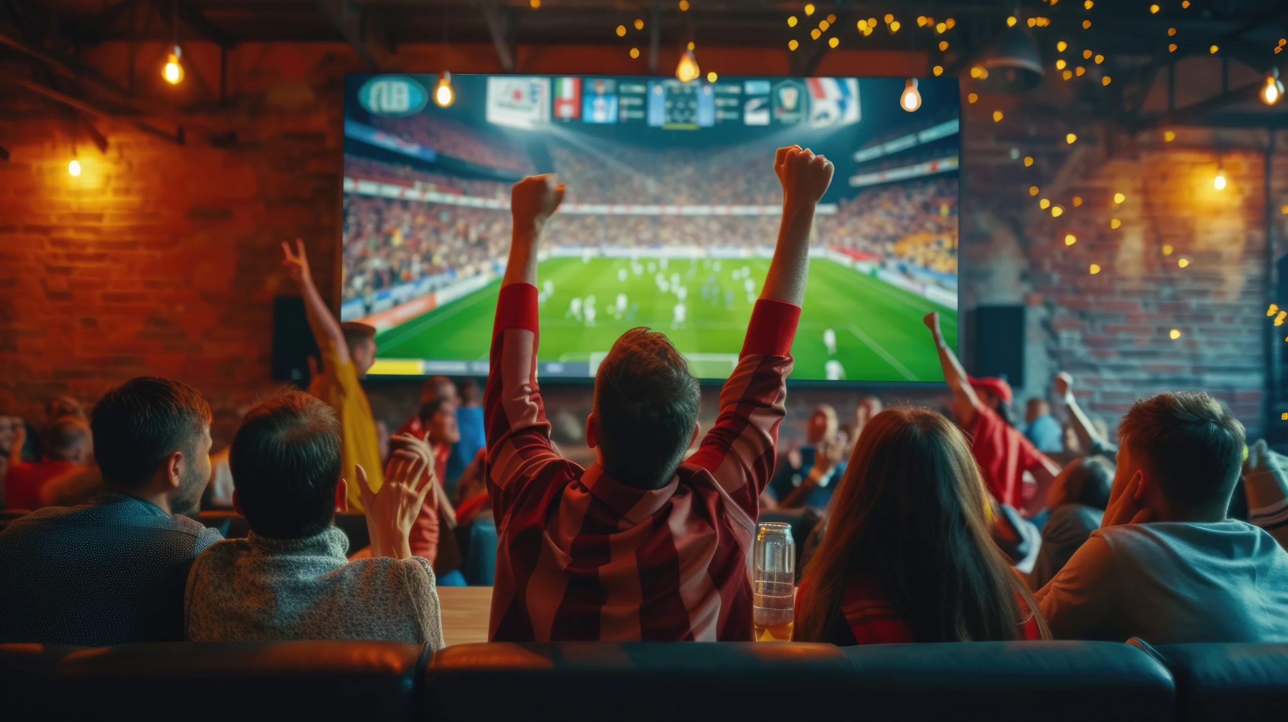 Suasana kemeriahan pengunjung kafe bersorak saat nonton bareng pertandingan sepak bola, ilustrasi lokasi nobar Piala Dunia 2026 di Semarang.
