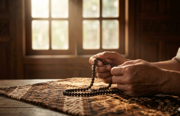 Close-up tangan memegang tasbih kayu di atas meja beralas kain batik cokelat klasik dengan latar cahaya hangat dari jendela kayu, melambangkan kedamaian spiritual Islam menyambut bulan Suro 2026.