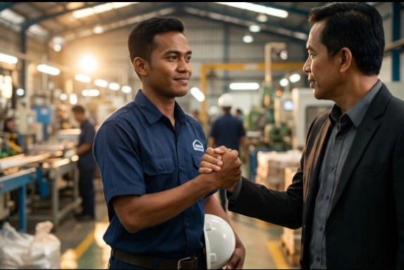 Pekerja muda berseragam pabrik sedang bersalaman dengan pimpinan perusahaan di area manufaktur, sebagai representasi visual tren pengangguran Jawa Tengah turun berkat serapan lapangan kerja baru.