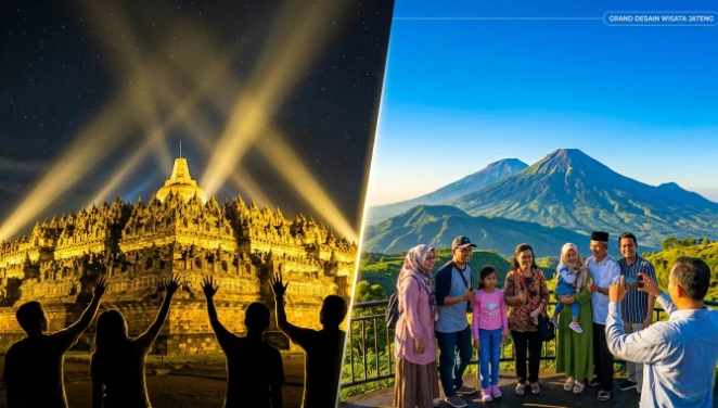 Ilustrasi kolase rencana rute wisata Borobudur yang menampilkan kontras siluet wisatawan di Candi Borobudur pada malam hari dengan pencahayaan keemasan, berdampingan dengan potret keluarga menikmati pemandangan wisata alam Gunung Sindoro Sumbing di pagi hari yang cerah.