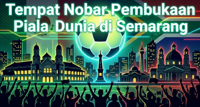 Ilustrasi kemeriahan suporter di tempat nobar Piala Dunia Semarang dengan latar belakang ikon Tugu Muda, bola raksasa bercahaya, serta bendera Mexico dan Afrika Selatan.