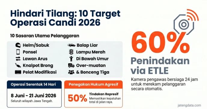 Infografik rincian 10 sasaran pelanggaran utama dalam Operasi Patuh Candi 2026 di Jawa Tengah, jadwal operasi 8 hingga 21 Juni 2026, dan penindakan tilang via ETLE.