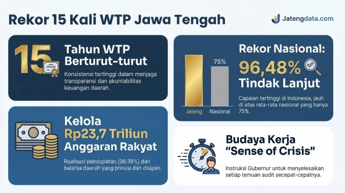 Infografik rincian pencapaian rekor WTP Jateng ke-15 berturut-turut, menampilkan tingkat penyelesaian audit BPK sebesar 96,48 persen, tata kelola APBD 23,7 Triliun, dan budaya kerja sense of crisis.