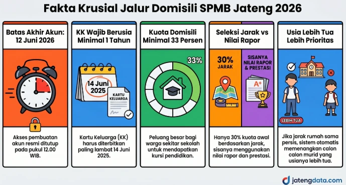 Infografis berlogo jatengdata.com menampilkan lima fakta krusial Jalur Domisili SPMB Jateng 2026. Panel pertama menunjukkan batas akhir pembuatan akun pada 12 Juni 2026 pukul 12.00 WIB. Panel kedua menjelaskan syarat Kartu Keluarga wajib berusia minimal 1 tahun dengan patokan maksimal 14 Juni 2025. Panel ketiga menampilkan kuota domisili minimal 33 persen. Panel keempat membandingkan porsi seleksi jarak untuk 30 persen pertama dan sisanya menggunakan nilai rapor serta prestasi. Panel kelima menunjukkan aturan prioritas bagi calon murid berusia lebih tua jika jarak rumah sama.