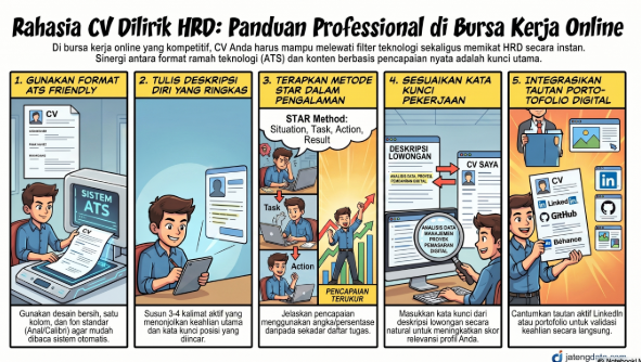 Infografis 5 langkah panduan cara membuat CV profesional untuk bursa kerja online, menampilkan karakter pria yang menjelaskan format ATS friendly, deskripsi diri ringkas, metode STAR, penyesuaian kata kunci, dan integrasi tautan portofolio digital.