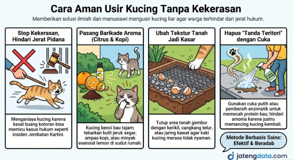 Infografis panduan empat langkah cara mengusir kucing liar teraman tanpa kekerasan, menampilkan ilustrasi larangan penganiayaan hewan, penggunaan barikade aroma sitrus dan kopi, modifikasi tekstur tanah, serta pembersihan wilayah menggunakan cuka.
