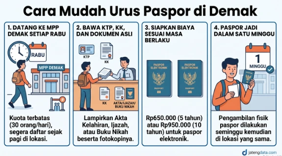 Infografis panduan 4 langkah cara mudah urus paspor di MPP Demak, menampilkan syarat dokumen pendaftaran, rincian biaya paspor elektronik, dan informasi kuota paspor Demak 2026.