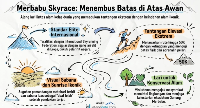 Infografis daya tarik rute Merbabu Skyrace menyoroti standar elite internasional, tantangan elevasi ekstrem, pesona pemandangan Gunung Merbabu, dan misi konservasi alam pada event lari 2026.