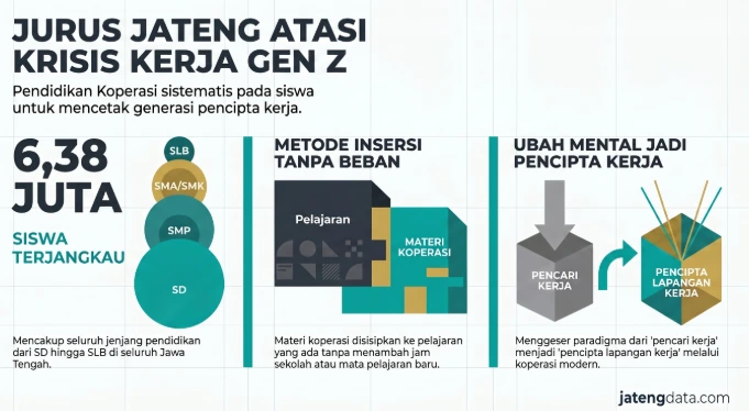 Infografis JatengData tentang jurus Jawa Tengah mengatasi krisis lapangan kerja Gen Z melalui pendidikan koperasi sistematis bagi 6,38 juta siswa tanpa menambah beban jam pelajaran.