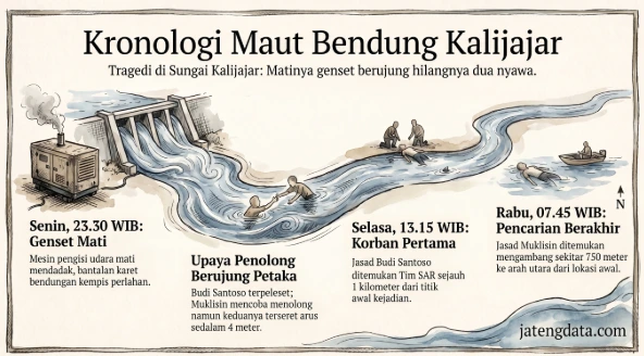 Infografis kronologi tragedi pemancing tenggelam di Demak yang menewaskan dua orang di Bendung Karet Kalijajar, mulai dari insiden genset mati hingga evakuasi Tim SAR gabungan.