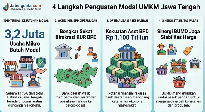 Infografis dari Jatengdata.com berjudul 4 Langkah Penguatan Modal UMKM Jawa Tengah. Memuat data 3,2 juta usaha mikro butuh modal, instruksi mempermudah syarat KUR BPD dengan membongkar birokrasi, pemanfaatan aset BPD Rp 1.100 triliun, dan sinergi BUMD untuk menjaga stabilitas harga komoditas pasar.