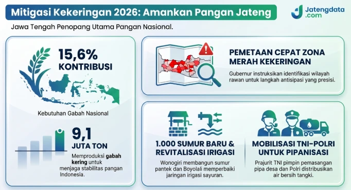 Infografis langkah mitigasi Kekeringan Jateng 2026 yang menampilkan data kontribusi gabah nasional sebesar 15,6 persen, instruksi pemetaan zona merah, proyek 1.000 sumur baru, dan mobilisasi TNI-Polri