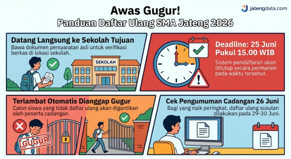 Infografis panduan daftar ulang SMA Jateng 2026 dengan empat poin instruksi utama: Datang Langsung ke Sekolah dengan dokumen asli, Deadline 25 Juni Pukul 15.00 WIB, Konsekuensi Terlambat Otomatis Dianggap Gugur, dan Langkah untuk Calon Cadangan.