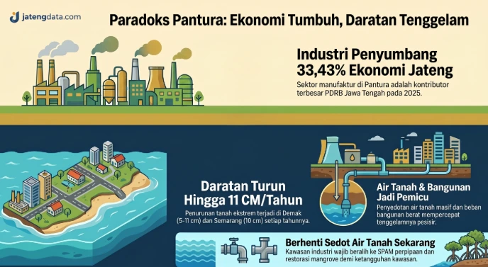 Infografis jatengdata.com tentang paradoks Kawasan Industri Pantura, menampilkan kontras antara tingginya sumbangan industri terhadap ekonomi Jawa Tengah sebesar 33,43 persen dengan ancaman laju penurunan tanah hingga 11 cm per tahun di pesisir Semarang dan Demak akibat penyedotan air tanah masif.