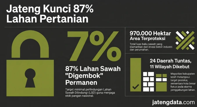 Infografis jatengdata.com bertuliskan Jateng Kunci 87 Persen Lahan Pertanian, menampilkan ikon gembok, data 970.000 hektar area terproteksi, dan progres 24 daerah tuntas dalam program Lahan Sawah Dilindungi.
