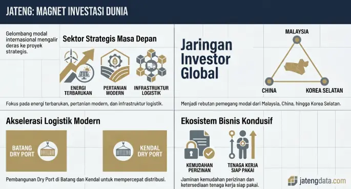 Infografis pemetaan sektor strategis, jaringan investor global, dan infrastruktur logistik yang menjadi pemicu utama pesatnya pertumbuhan ekonomi jateng.