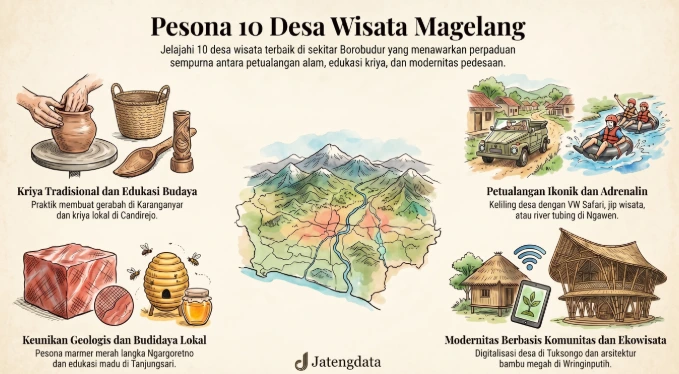 Infografis Pesona 10 Desa Wisata Magelang yang menampilkan ilustrasi potensi pariwisata penyangga Borobudur, meliputi kriya keramik, batu marmer merah, madu, petualangan VW Safari, river tubing, hingga ekowisata bambu dan digitalisasi desa.