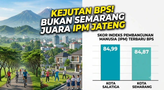 Infografis data split-screen membandingkan skor IPM (Indeks Pembangunan Manusia) terbaru BPS. Grafik batang menunjukkan skor Kota Salatiga (84,99) lebih tinggi dari Kota Semarang (84,87). Judul teks besar berbunyi: 'KEJUTAN BPS! BUKAN SEMARANG JUARA IPM JATENG'. Di sisi kiri terdapat ilustrasi gaya hidup produktif warga, termasuk warga bersepeda, lansia berolahraga, dan siswa berjalan.