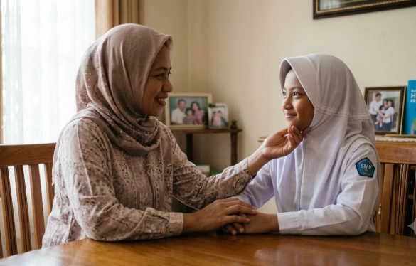Seorang ibu berhijab tersenyum hangat sambil memegang dagu putrinya yang mengenakan seragam sekolah SMP dengan lembut. Mereka duduk di meja kayu. Di rak belakang terdapat foto-foto keluarga dan pamflet UNICEF yang jelas bertuliskan "HENTIKAN PERUNDUNGAN".