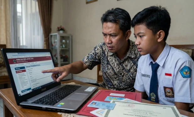 Orang tua dan siswa SMP berseragam putih biru terlihat tegang saat memantau layar laptop untuk mendaftar SPMB SMA Jateng 2026.