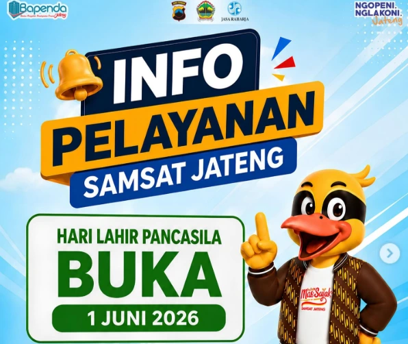 Infografis pengumuman resmi Bapenda mengenai jadwal Samsat Jateng buka pada tanggal merah 1 Juni 2026 untuk melayani warga mengurus relaksasi pajak kendaraan.